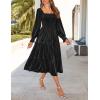 imageZESICA Womens Velvet Long Sleeve Dresses 2025 Fall Square Neck Smocked Ruffle A Line Flowy Midi Dress with PocketsBlack