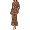 imageZESICA Womens Long Sleeve Floral Bodycon Dress 2025 Fall Fashion Ruched Mesh Wedding Guest Cocktail Party Maxi DressesBrown
