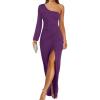 imageZESICA Womens One Shoulder Long Sleeve Cocktail Dress Sexy High Slit Ruched Bodycon Wedding Guest Maxi DressesDarkpurple