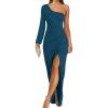 imageZESICA Womens One Shoulder Long Sleeve Cocktail Dress Sexy High Slit Ruched Bodycon Wedding Guest Maxi DressesTeal