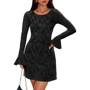 imageZESICA Fall Mini Dresses for Women 2025 Long Sleeve Floral Mesh Crewneck Bodycon Cocktail Party Club Short DressBlack