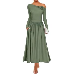 imageZESICA Womens 2025 Fall Long Sleeve Off Shoulder Maxi Dress Pleated Elegant Formal Wedding Guest Dresses with PocketsBeangreen