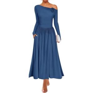 imageZESICA Womens 2025 Fall Long Sleeve Off Shoulder Maxi Dress Pleated Elegant Formal Wedding Guest Dresses with PocketsDustyblue