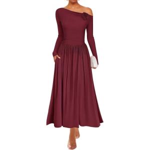 imageZESICA Womens 2025 Fall Long Sleeve Off Shoulder Maxi Dress Pleated Elegant Formal Wedding Guest Dresses with PocketsWine