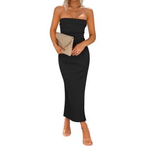 imageZESICA Womens 2025 Summer Strapless Bodycon Midi Dress Off Shoulder Sleeveless Side Slit Tube Long Club Party DressesBlack
