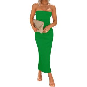 imageZESICA Womens 2025 Summer Strapless Bodycon Midi Dress Off Shoulder Sleeveless Side Slit Tube Long Club Party DressesGreen