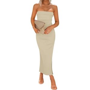 imageZESICA Womens 2025 Summer Strapless Bodycon Midi Dress Off Shoulder Sleeveless Side Slit Tube Long Club Party DressesSand