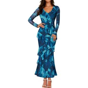 imageZESICA Womens Fall Floral Long Sleeve Maxi Dress 2025 Boho Bodycon V Neck Ruffle Wedding Party Long DressesLake