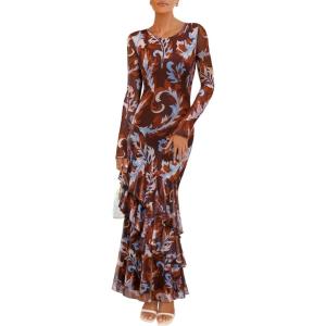 imageZESICA Womens Fall Floral Wedding Guest Bodycon Dresses 2025 Long Sleeve Crewneck Mesh Ruffle Mermaid Party Maxi DressBrown