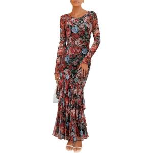 imageZESICA Womens Fall Floral Wedding Guest Bodycon Dresses 2025 Long Sleeve Crewneck Mesh Ruffle Mermaid Party Maxi DressFloralblack