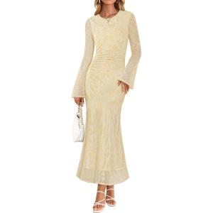 imageZESICA Womens Long Sleeve Floral Bodycon Dress 2025 Fall Fashion Ruched Mesh Wedding Guest Cocktail Party Maxi DressesBeige Yellow