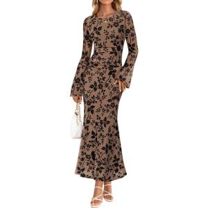 imageZESICA Womens Long Sleeve Floral Bodycon Dress 2025 Fall Fashion Ruched Mesh Wedding Guest Cocktail Party Maxi DressesKhaki
