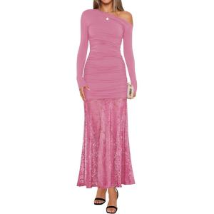 imageZESICA Womens Long Sleeve Off Shoulder Bodycon Dresses Fall 2025 Ruched Lace Wedding Guest Cocktail Formal Maxi DressPink