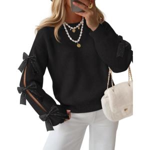 imageZESICA Womens Oversized Bow Sweaters Fall 2025 Cute Crewneck Long Sleeve Knit Pullover Sweater Jumper TopsBlack
