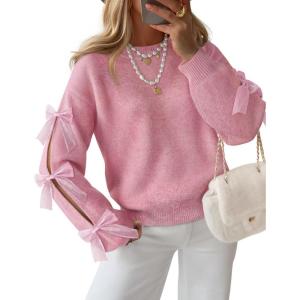 imageZESICA Womens Oversized Bow Sweaters Fall 2025 Cute Crewneck Long Sleeve Knit Pullover Sweater Jumper TopsPink