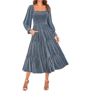 imageZESICA Womens Velvet Long Sleeve Dresses 2025 Fall Square Neck Smocked Ruffle A Line Flowy Midi Dress with PocketsDusty Blue
