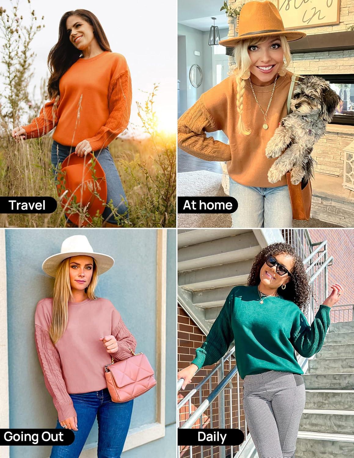 imageZESICA Womens 2025 Fall Long Sleeve Crew Neck Solid Color Cable Knit Chunky Casual Oversized Pullover Sweater TopsCoral