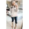 imageZESICA Womens 2025 Fall Fashion Turtleneck Long Sleeve Striped Ribbed Knit Loose Pullover Sweater TopsAlmond