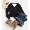 imageZESICA Womens Fall 2025 Wrap V Neck Long Batwing Sleeve Belted Waist Ruffle Knitted Sweater Pullover TopBlack