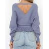 imageZESICA Womens Fall 2025 Wrap V Neck Long Batwing Sleeve Belted Waist Ruffle Knitted Sweater Pullover TopBlue