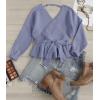 imageZESICA Womens Fall 2025 Wrap V Neck Long Batwing Sleeve Belted Waist Ruffle Knitted Sweater Pullover TopBlue