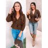 imageZESICA Womens Fall 2025 Wrap V Neck Long Batwing Sleeve Belted Waist Ruffle Knitted Sweater Pullover TopBrown