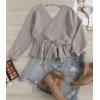 imageZESICA Womens Fall 2025 Wrap V Neck Long Batwing Sleeve Belted Waist Ruffle Knitted Sweater Pullover TopGrey