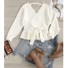 imageZESICA Womens Fall 2025 Wrap V Neck Long Batwing Sleeve Belted Waist Ruffle Knitted Sweater Pullover TopIvory
