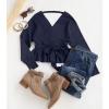 imageZESICA Womens Fall 2025 Wrap V Neck Long Batwing Sleeve Belted Waist Ruffle Knitted Sweater Pullover TopNavy