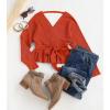 imageZESICA Womens Fall 2025 Wrap V Neck Long Batwing Sleeve Belted Waist Ruffle Knitted Sweater Pullover TopOrange