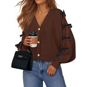 imageZESICA Fall Bow Cardigans for Women Trendy 2025 Casual Long Sleeve Button V Neck Knit Sweater Outerwear CoatsBrown