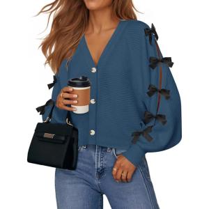 imageZESICA Fall Bow Cardigans for Women Trendy 2025 Casual Long Sleeve Button V Neck Knit Sweater Outerwear CoatsDarkblue