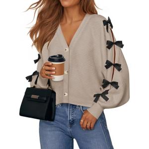 imageZESICA Fall Bow Cardigans for Women Trendy 2025 Casual Long Sleeve Button V Neck Knit Sweater Outerwear CoatsSand