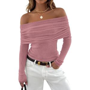 imageZESICA Long Sleeve Shirts for Women Off Shoulder Ribbed Knit Slim Fit Going Out Tops Outfits 2025 Trendy Fashion ClothesDarkpink