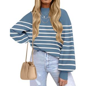 imageZESICA Womens 2025 Fall Fashion Turtleneck Long Sleeve Striped Ribbed Knit Loose Pullover Sweater TopsDarkblue
