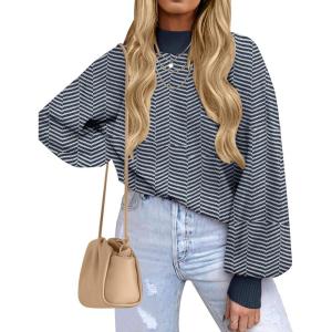 imageZESICA Womens 2025 Fall Fashion Turtleneck Long Sleeve Striped Ribbed Knit Loose Pullover Sweater TopsNavystripe