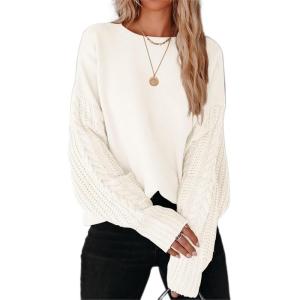 imageZESICA Womens 2025 Fall Long Sleeve Crew Neck Solid Color Cable Knit Chunky Casual Oversized Pullover Sweater TopsBeige