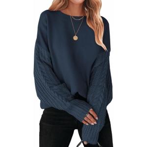 imageZESICA Womens 2025 Fall Long Sleeve Crew Neck Solid Color Cable Knit Chunky Casual Oversized Pullover Sweater TopsNavy