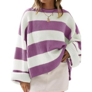 imageZESICA Womens 2025 Fall Long Sleeve Oversized Striped Color Block Comfy Loose Crew Neck Knitted Pullover SweaterPurple