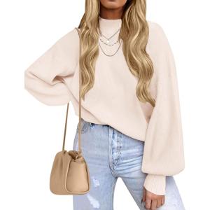 imageZESICA Womens Casual Turtleneck Long Lantern Sleeve Fall 2025 Oversized Ribbed Knit Pullover Sweater Jumper TopBeige