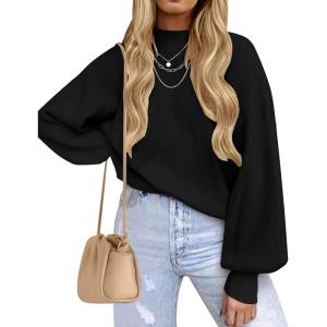 imageZESICA Womens Casual Turtleneck Long Lantern Sleeve Fall 2025 Oversized Ribbed Knit Pullover Sweater Jumper TopBlack