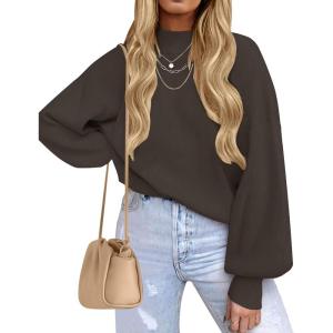 imageZESICA Womens Casual Turtleneck Long Lantern Sleeve Fall 2025 Oversized Ribbed Knit Pullover Sweater Jumper TopCoffee
