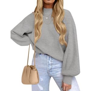 imageZESICA Womens Casual Turtleneck Long Lantern Sleeve Fall 2025 Oversized Ribbed Knit Pullover Sweater Jumper TopGrey