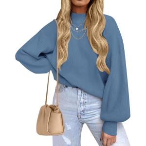 imageZESICA Womens Casual Turtleneck Long Lantern Sleeve Fall 2025 Oversized Ribbed Knit Pullover Sweater Jumper TopGreyblue