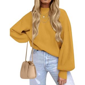 imageZESICA Womens Casual Turtleneck Long Lantern Sleeve Fall 2025 Oversized Ribbed Knit Pullover Sweater Jumper TopMustard