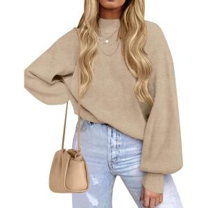 imageZESICA Womens Casual Turtleneck Long Lantern Sleeve Fall 2025 Oversized Ribbed Knit Pullover Sweater Jumper TopOatmeal