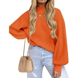 imageZESICA Womens Casual Turtleneck Long Lantern Sleeve Fall 2025 Oversized Ribbed Knit Pullover Sweater Jumper TopOrange