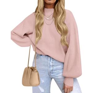 imageZESICA Womens Casual Turtleneck Long Lantern Sleeve Fall 2025 Oversized Ribbed Knit Pullover Sweater Jumper TopPink