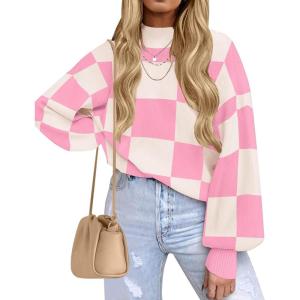 imageZESICA Womens Casual Turtleneck Long Lantern Sleeve Fall 2025 Oversized Ribbed Knit Pullover Sweater Jumper TopPinkplaid