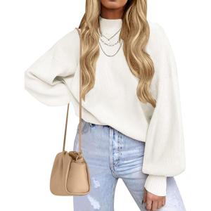 imageZESICA Womens Casual Turtleneck Long Lantern Sleeve Fall 2025 Oversized Ribbed Knit Pullover Sweater Jumper TopWhite